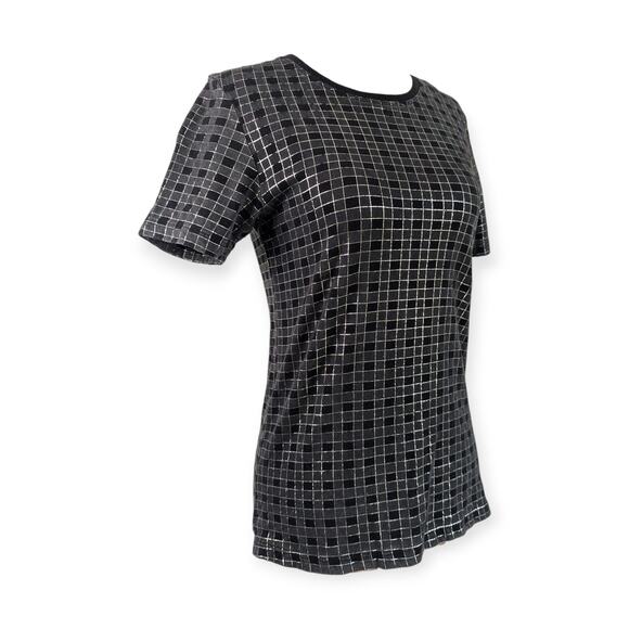 Theory Rodiona Short Sleeve Shirt Top Size S Slub Tee Black Silver Checkered - Picture 5 of 8